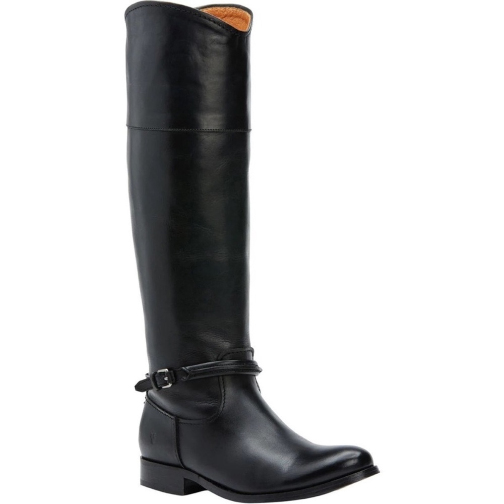 Frye Leather Boots Black heeled riding 5.5 pull on LEATHER sole & lining buckles